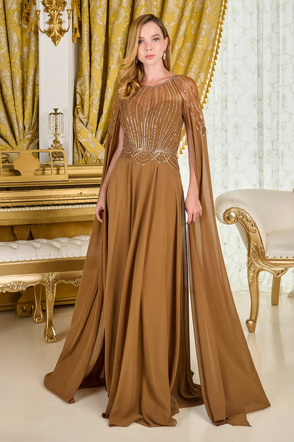 Bejeweled Scoop Neckline Cape Sleeves Mesh Bodice Chiffon Skirt A Line Dress
