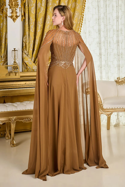 Bejeweled Scoop Neckline Cape Sleeves Mesh Bodice Chiffon Skirt A Line Dress
