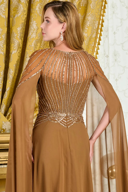 Bejeweled Scoop Neckline Cape Sleeves Mesh Bodice Chiffon Skirt A Line Dress