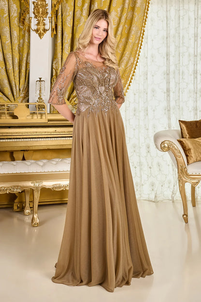 Boat Neckline Sleeves Embellished Mesh Bodice Metallic Jersey Skirt Dress