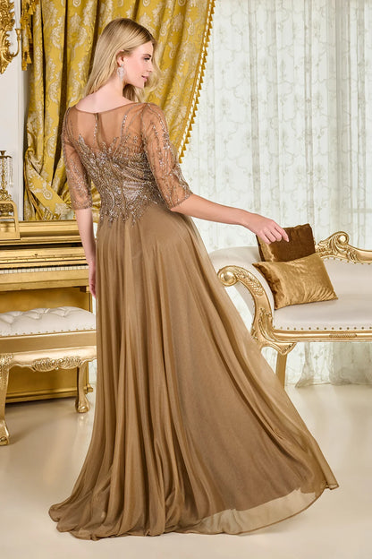 Boat Neckline Sleeves Embellished Mesh Bodice Metallic Jersey Skirt Dress