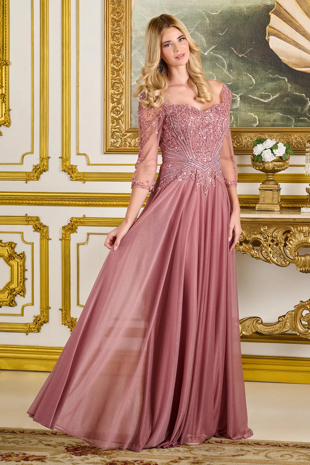 Sweetheart Neckline 3 4 Sleeves Mesh Zipper Bodice Metallic Jersey Skirt A Line Dress
