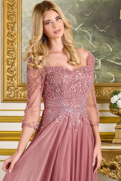 Sweetheart Neckline 3 4 Sleeves Mesh Zipper Bodice Metallic Jersey Skirt A Line Dress