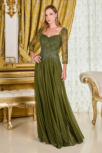 Sweetheart Neckline 3 4 Sleeves Mesh Zipper Bodice Metallic Jersey Skirt A Line Dress