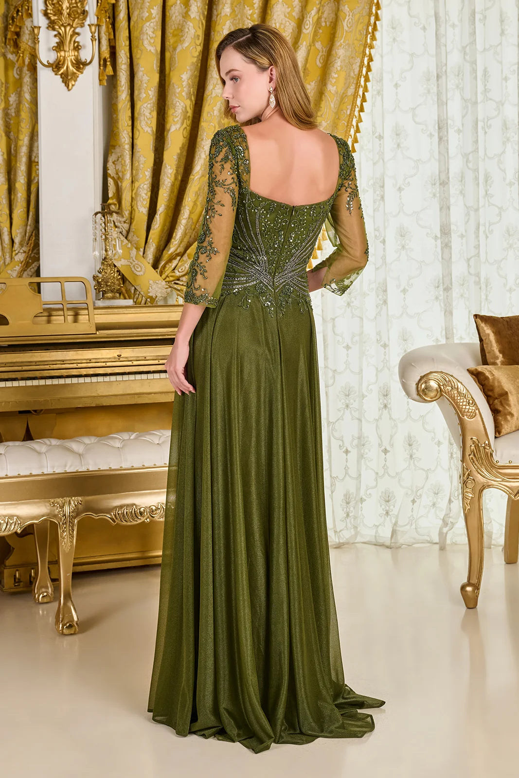 Sweetheart Neckline 3 4 Sleeves Mesh Zipper Bodice Metallic Jersey Skirt A Line Dress
