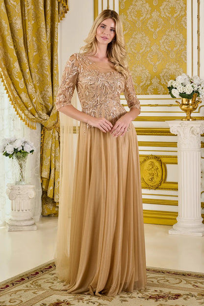 Sleeve Boat Neckline Mesh Bodice Metallic Jersey Skirt Dress With One Shoulder Watteau Train