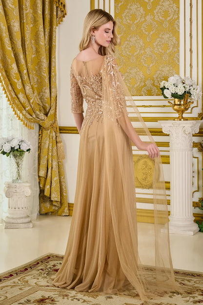 Sleeve Boat Neckline Mesh Bodice Metallic Jersey Skirt Dress With One Shoulder Watteau Train