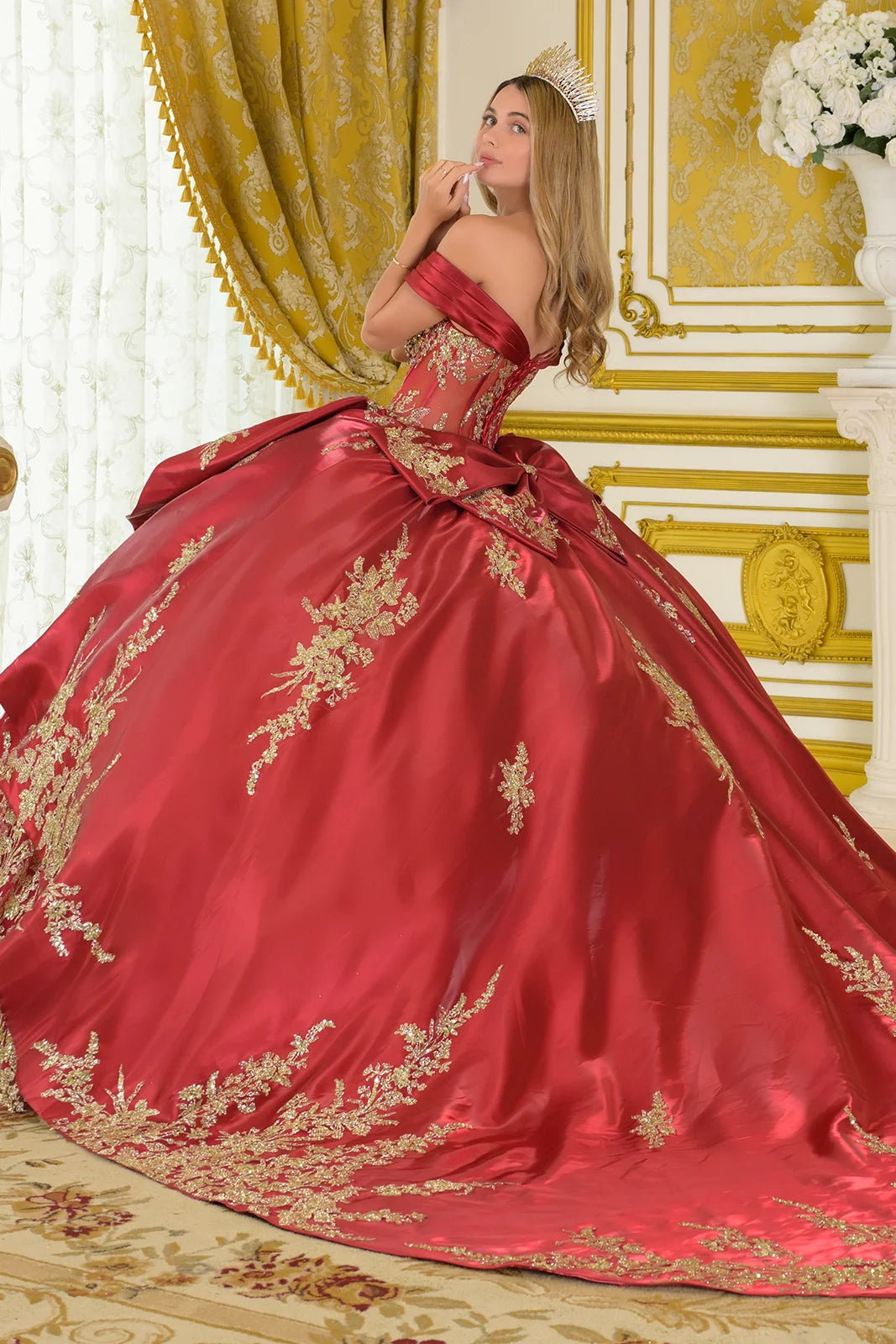 Satin Pleated Off Shoulder Straps Detachable Satin Overskirt Train Gown With Detachable Back Bow