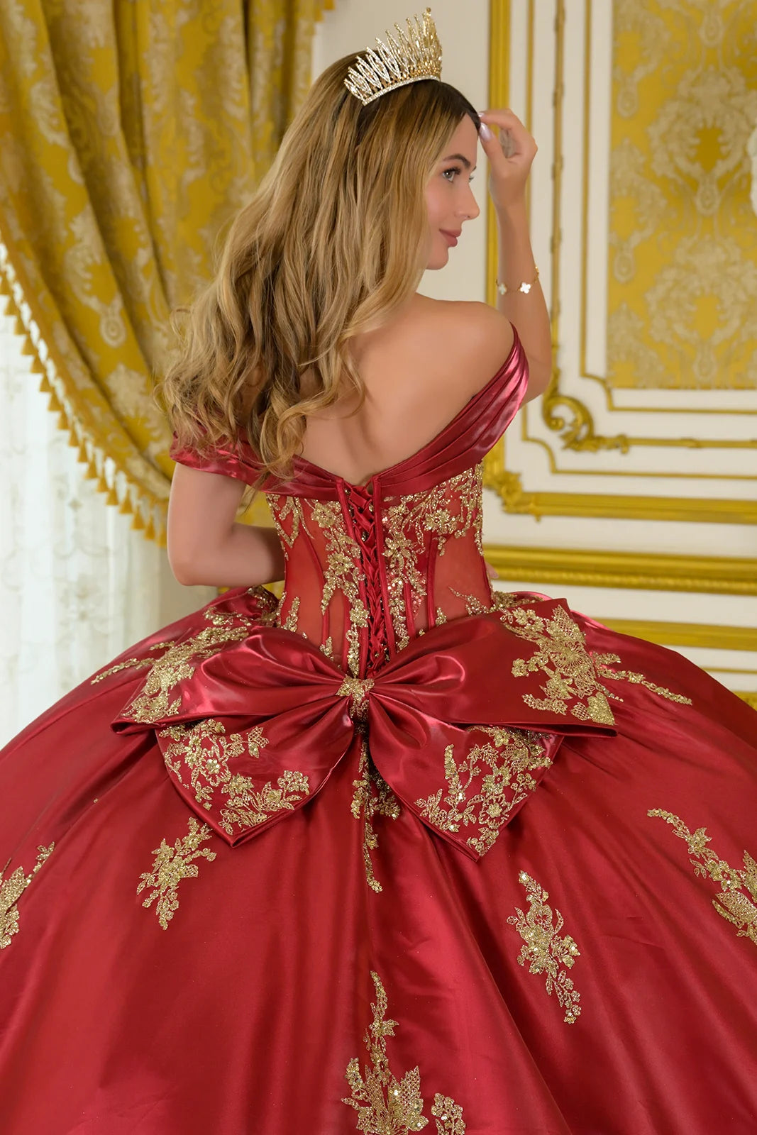 Satin Pleated Off Shoulder Straps Detachable Satin Overskirt Train Gown With Detachable Back Bow