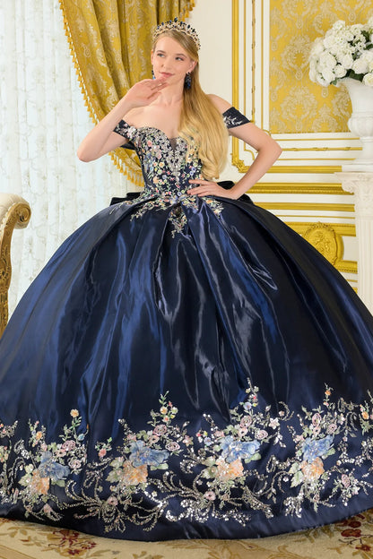 Pleated Off Shoulder Straps Glitter Mesh Bodice Satin Skirt Gown With Detachable Satin Tails Bow