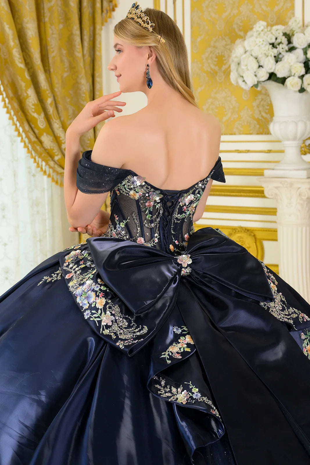Pleated Off Shoulder Straps Glitter Mesh Bodice Satin Skirt Gown With Detachable Satin Tails Bow