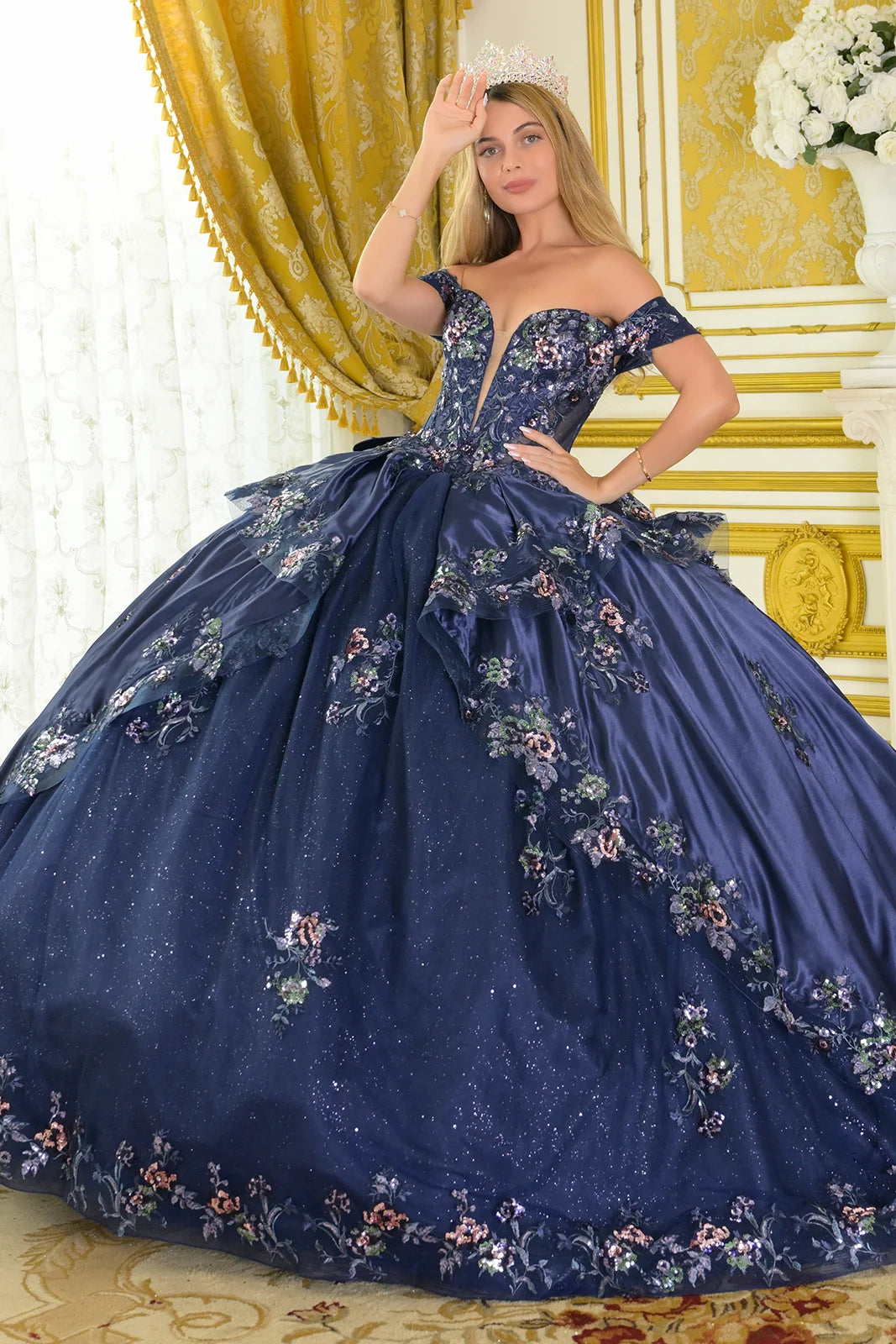 Off Shoulder Deep V Neck Corset Bodice Train Ball Gown With Satin Overskirt Detachable Bow
