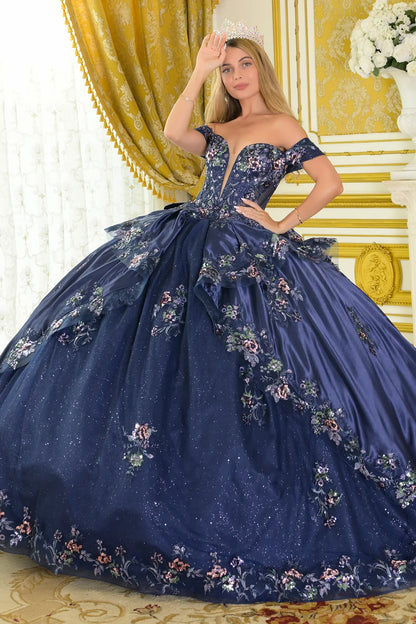 Off Shoulder Deep V Neck Corset Bodice Train Ball Gown With Satin Overskirt Detachable Bow