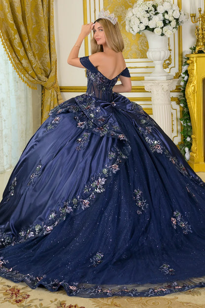 Off Shoulder Deep V Neck Corset Bodice Train Ball Gown With Satin Overskirt Detachable Bow