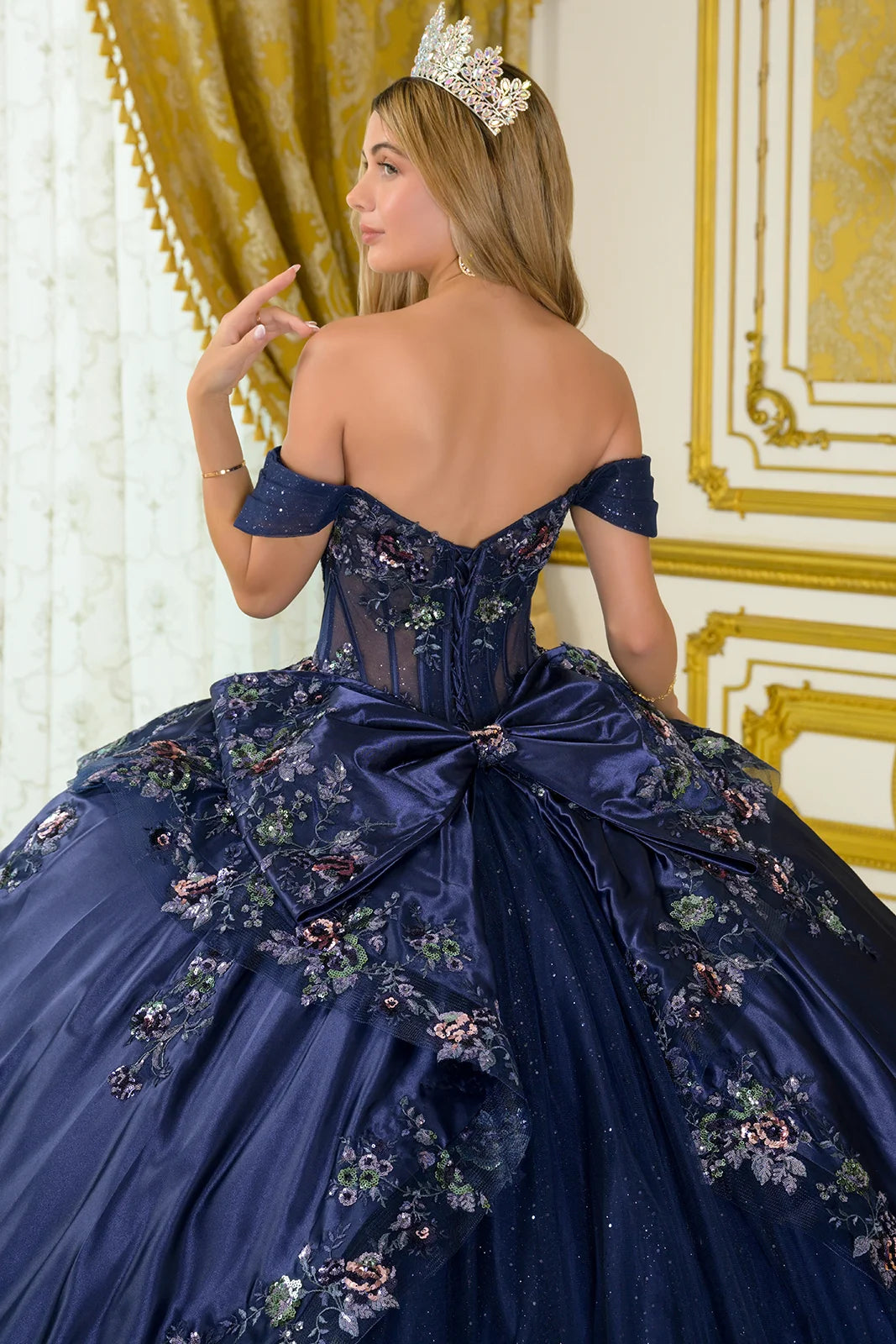 Off Shoulder Deep V Neck Corset Bodice Train Ball Gown With Satin Overskirt Detachable Bow