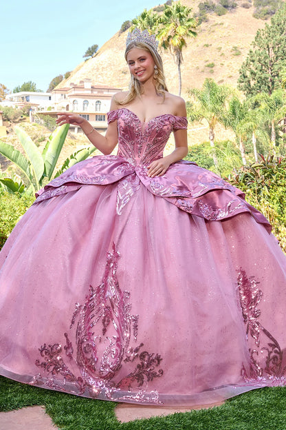 Off Shoulder Long Sleeves Deep V Neck Corset Train Ball Gown With Satin Overskirt Detachable Bow