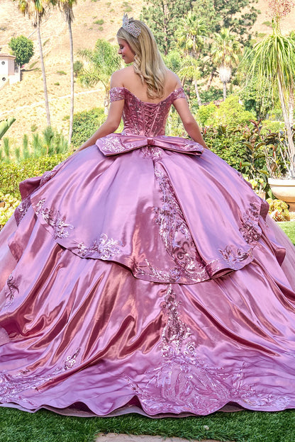 Off Shoulder Long Sleeves Deep V Neck Corset Train Ball Gown With Satin Overskirt Detachable Bow