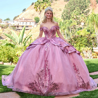Off Shoulder Long Sleeves Deep V Neck Corset Train Ball Gown With Satin Overskirt Detachable Bow