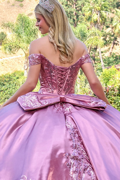 Off Shoulder Long Sleeves Deep V Neck Corset Train Ball Gown With Satin Overskirt Detachable Bow