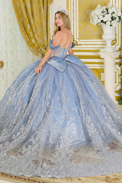 Pleated Off Shoulder Satin Straps Embellished V Neckline Corset Train Ball Gown With Detachable Bow