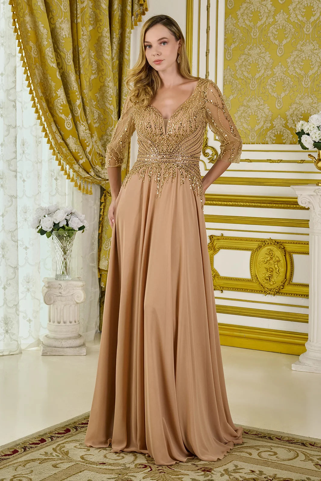 3 4 Sleeve Embellished V Neckline Mesh Bodice Chiffon Skirt A Line Dress With Back Keyhole
