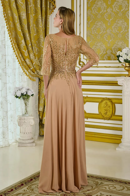 3 4 Sleeve Embellished V Neckline Mesh Bodice Chiffon Skirt A Line Dress With Back Keyhole