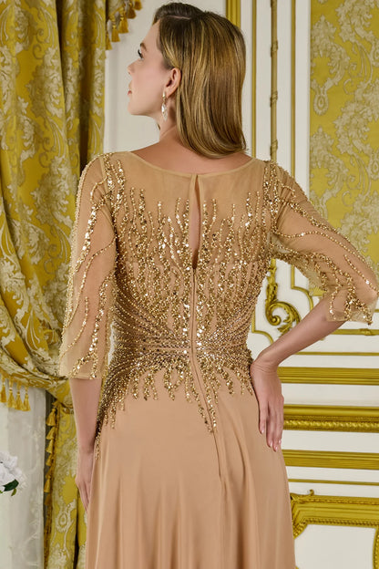 3 4 Sleeve Embellished V Neckline Mesh Bodice Chiffon Skirt A Line Dress With Back Keyhole