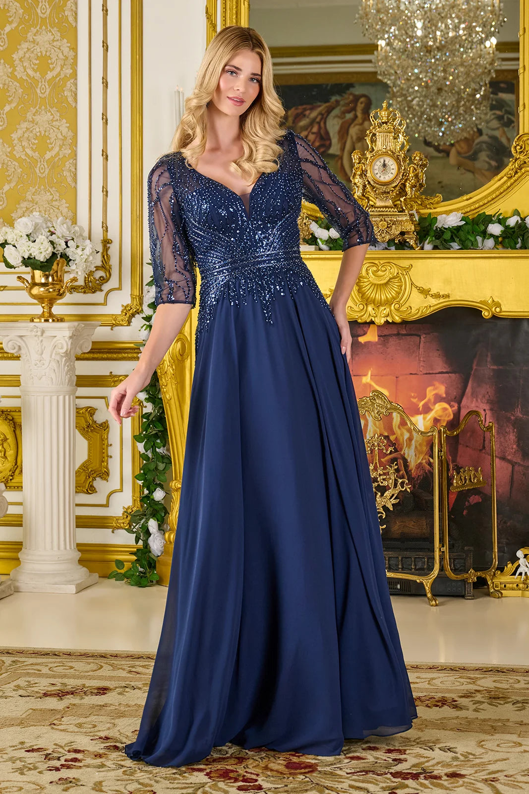 3 4 Sleeve Embellished V Neckline Mesh Bodice Chiffon Skirt A Line Dress With Back Keyhole