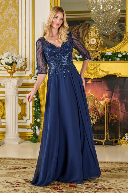 3 4 Sleeve Embellished V Neckline Mesh Bodice Chiffon Skirt A Line Dress With Back Keyhole