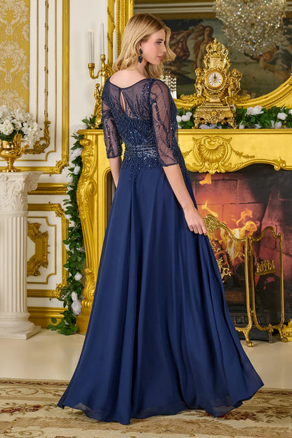 3 4 Sleeve Embellished V Neckline Mesh Bodice Chiffon Skirt A Line Dress With Back Keyhole