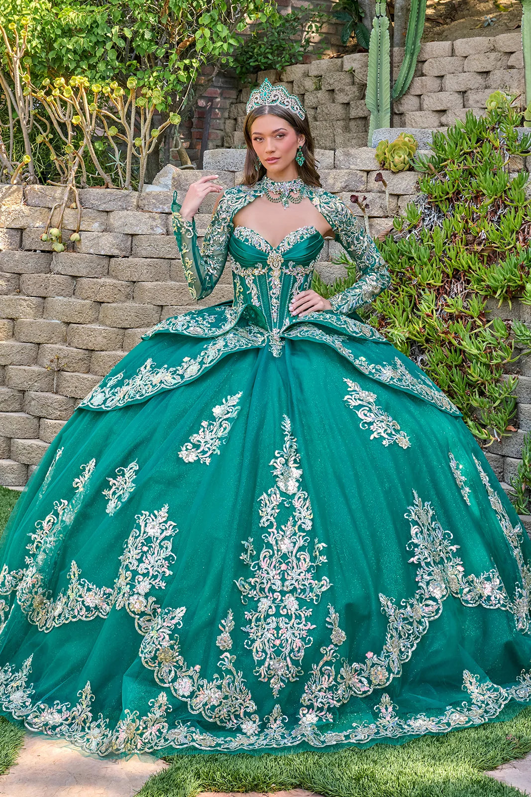 Strapless Pleated Bust Layered Overskirt Train Gown With Detachable Bow And Matching Bolero