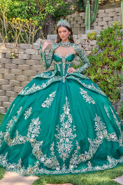 Strapless Pleated Bust Layered Overskirt Train Gown With Detachable Bow And Matching Bolero