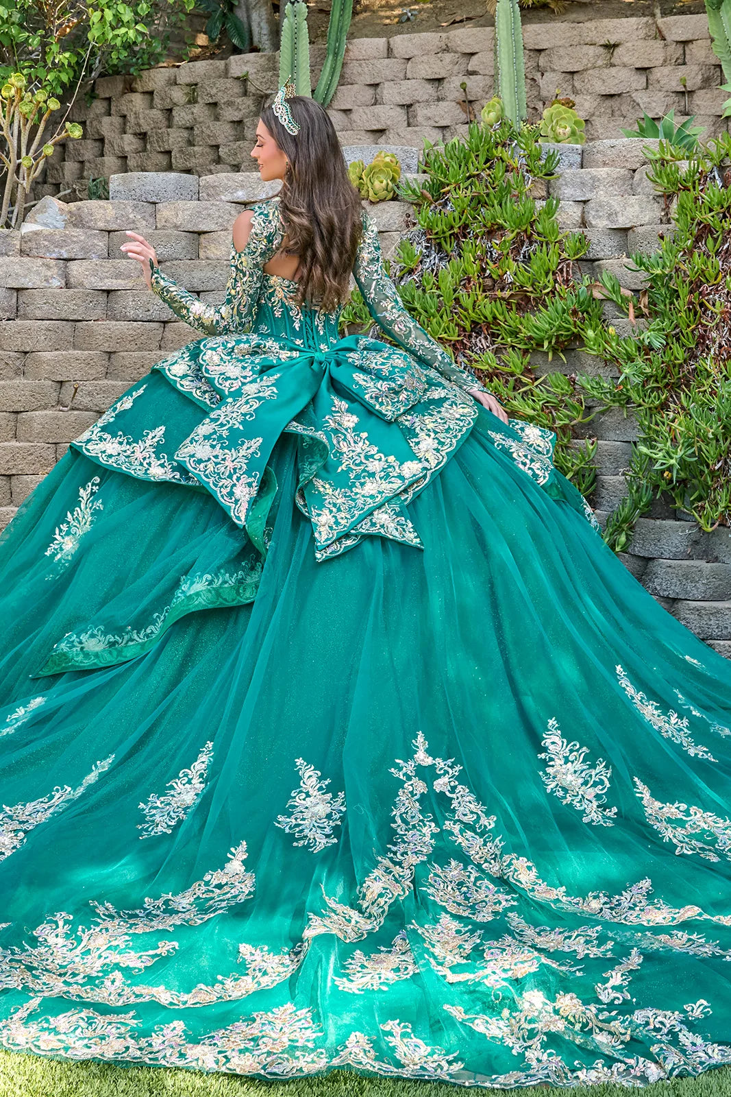 Strapless Pleated Bust Layered Overskirt Train Gown With Detachable Bow And Matching Bolero