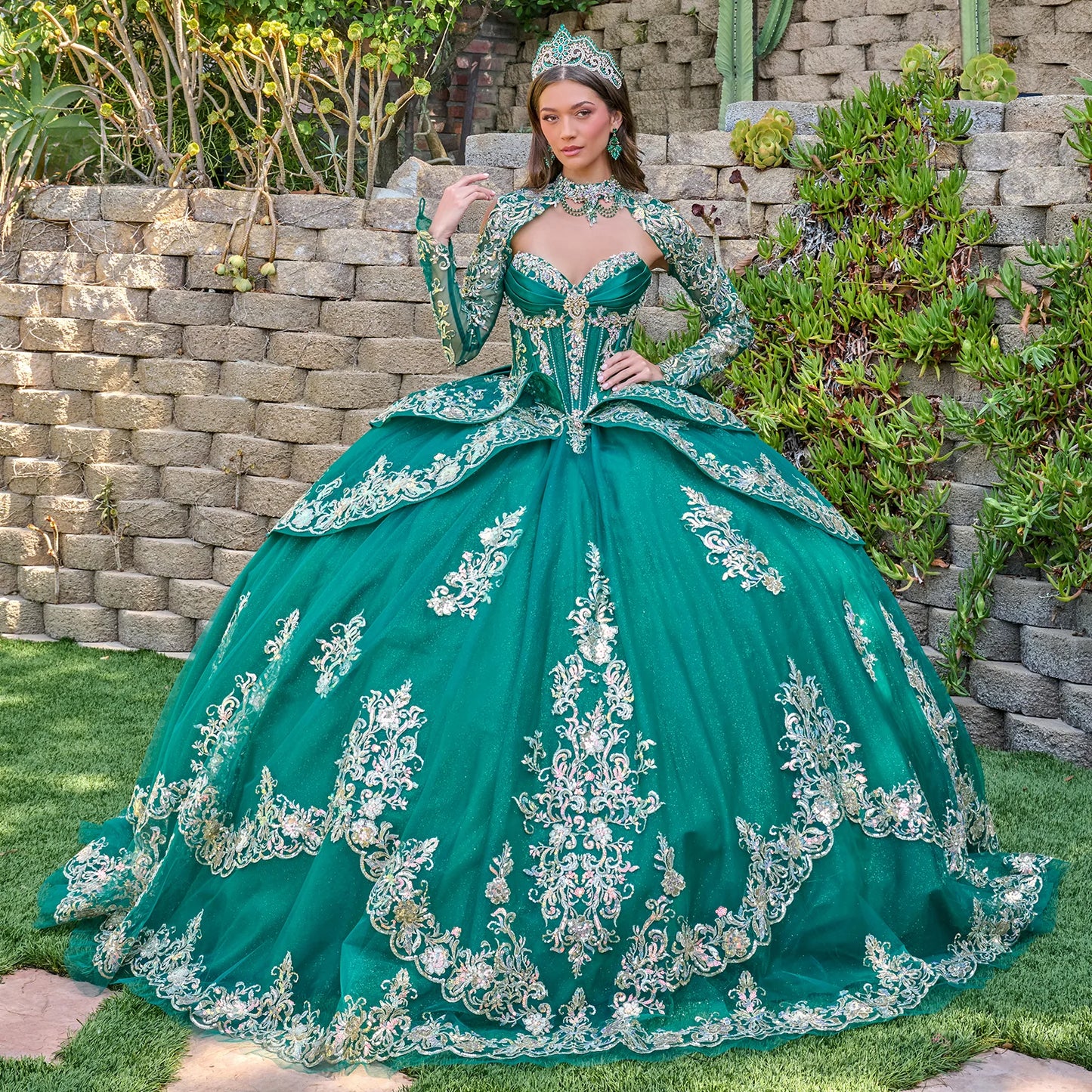 Strapless Pleated Bust Layered Overskirt Train Gown With Detachable Bow And Matching Bolero
