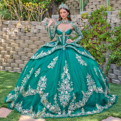 Strapless Pleated Bust Layered Overskirt Train Gown With Detachable Bow And Matching Bolero