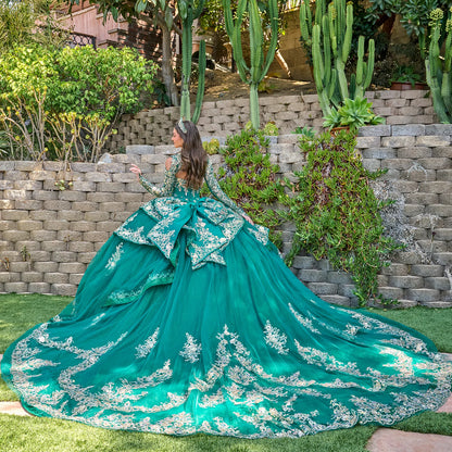 Strapless Pleated Bust Layered Overskirt Train Gown With Detachable Bow And Matching Bolero