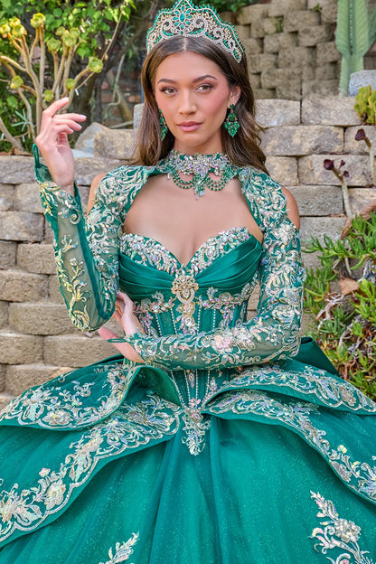 Strapless Pleated Bust Layered Overskirt Train Gown With Detachable Bow And Matching Bolero