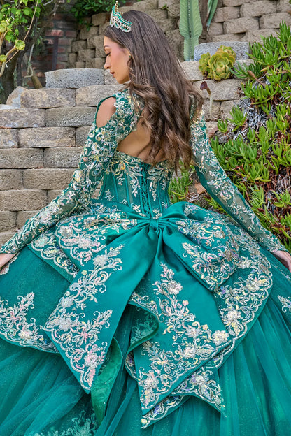 Strapless Pleated Bust Layered Overskirt Train Gown With Detachable Bow And Matching Bolero