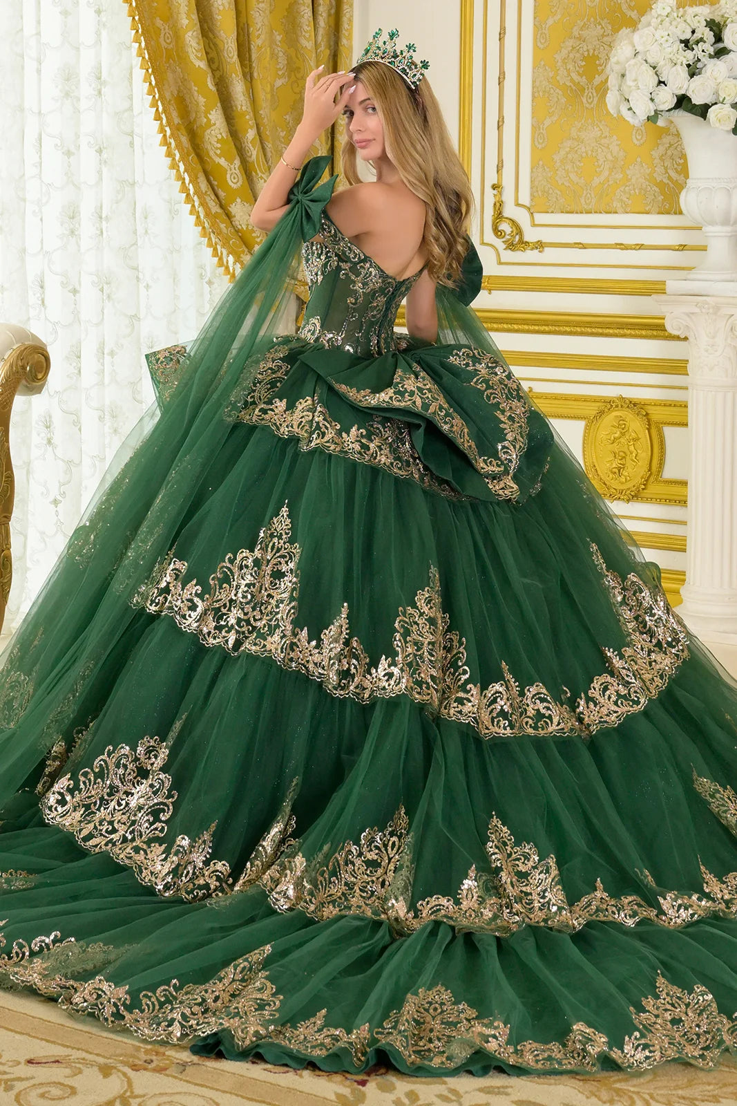 Straps With Detachable Bow Long Tails Cascading Ruffle Tiered Train Ball Gown Detachable Bow