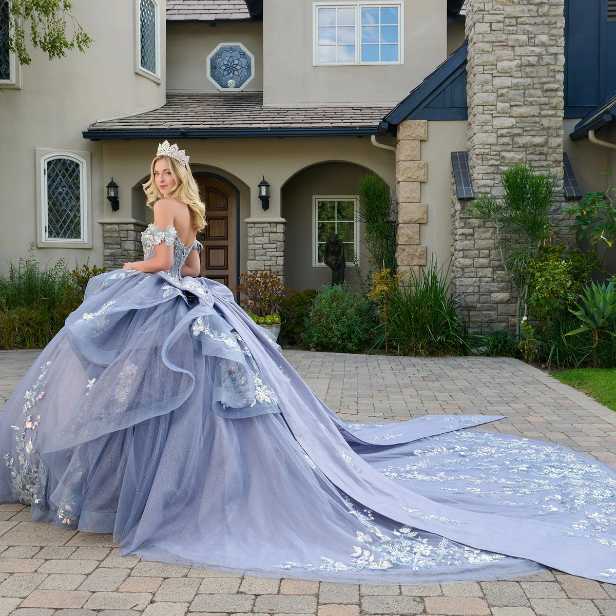 3d Butterfly Applique Shoulder Straps V Neck Corset Train Ball Gown With Detachable Train Tail Bow