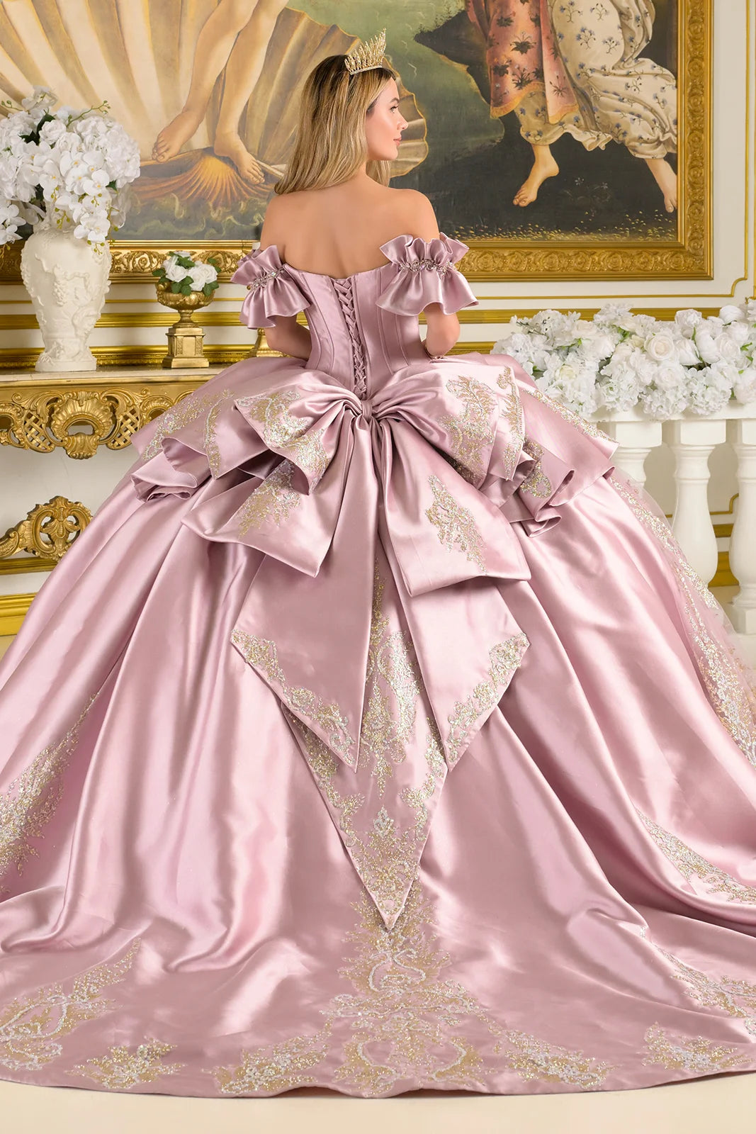 Off Shoulder Ruffle Cuff Sleeves Corset Train Ball Gown With Satin Ruffle Overskirt Detachable Bow