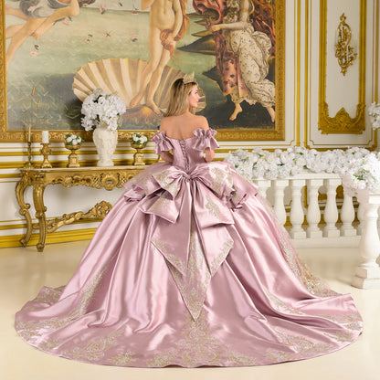Off Shoulder Ruffle Cuff Sleeves Corset Train Ball Gown With Satin Ruffle Overskirt Detachable Bow