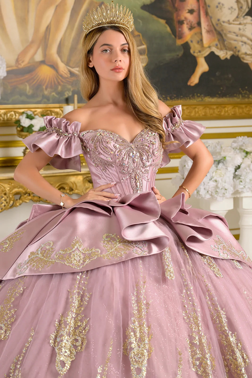 Off Shoulder Ruffle Cuff Sleeves Corset Train Ball Gown With Satin Ruffle Overskirt Detachable Bow