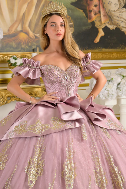 Off Shoulder Ruffle Cuff Sleeves Corset Train Ball Gown With Satin Ruffle Overskirt Detachable Bow