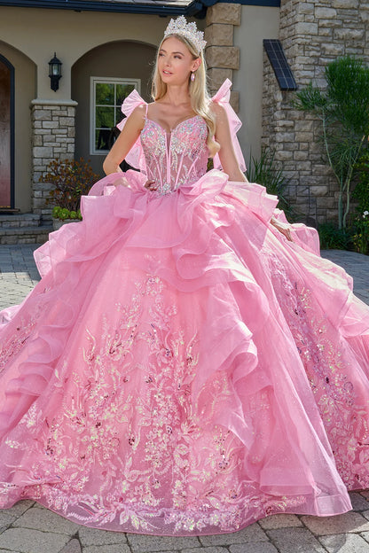 Attached Bow Spaghetti Straps Embellished Cascading Ruffle Train Gown