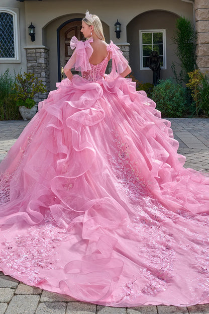 Attached Bow Spaghetti Straps Embellished Cascading Ruffle Train Gown