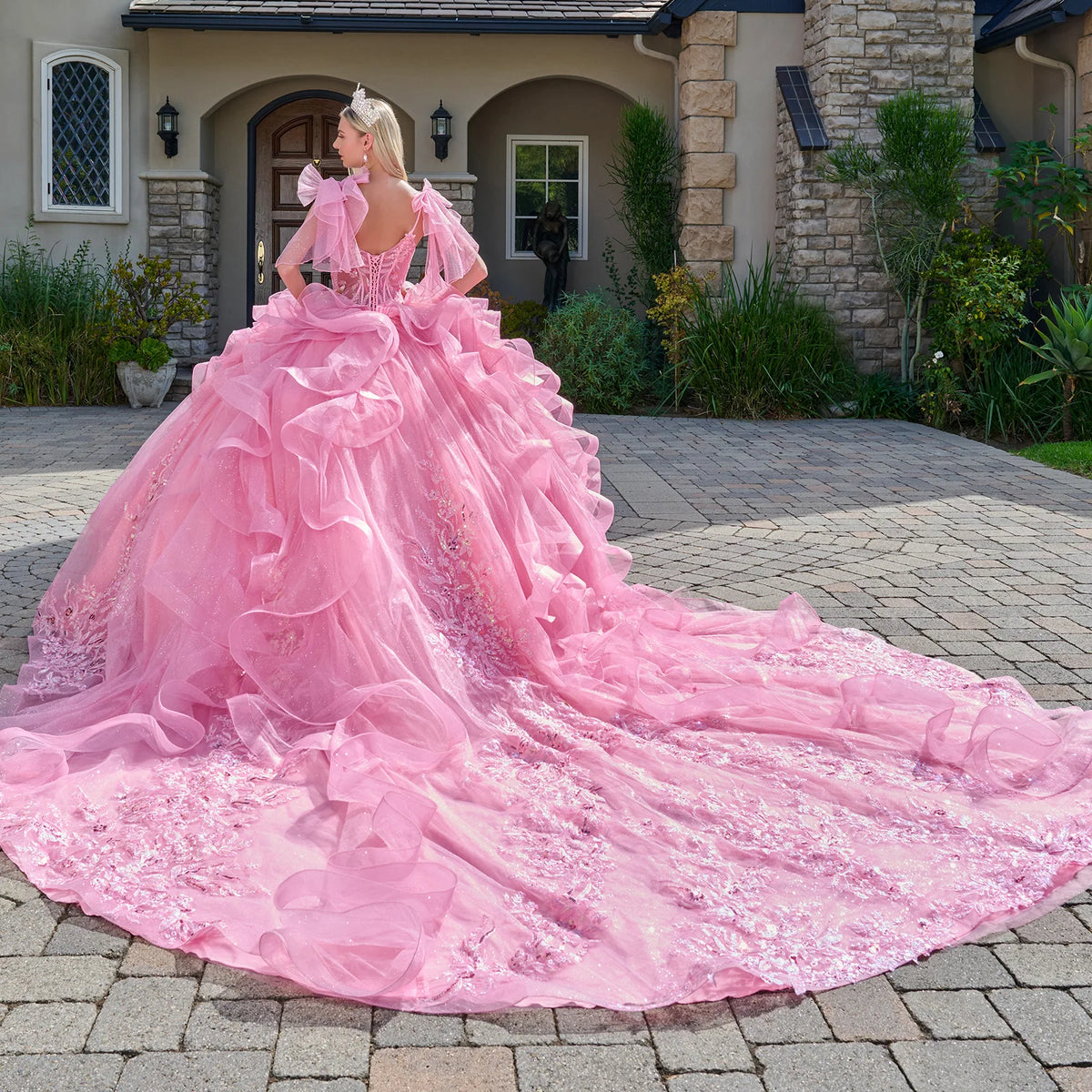 Attached Bow Spaghetti Straps Embellished Cascading Ruffle Train Gown