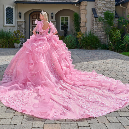 Attached Bow Spaghetti Straps Embellished Cascading Ruffle Train Gown