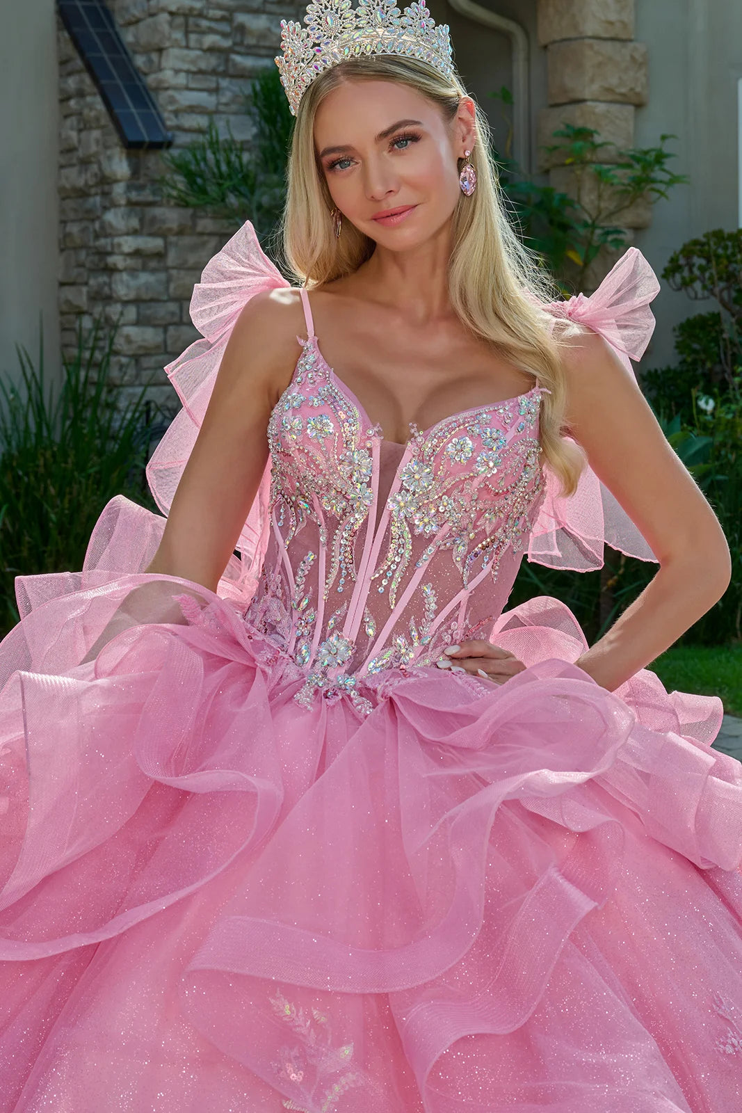 Attached Bow Spaghetti Straps Embellished Cascading Ruffle Train Gown