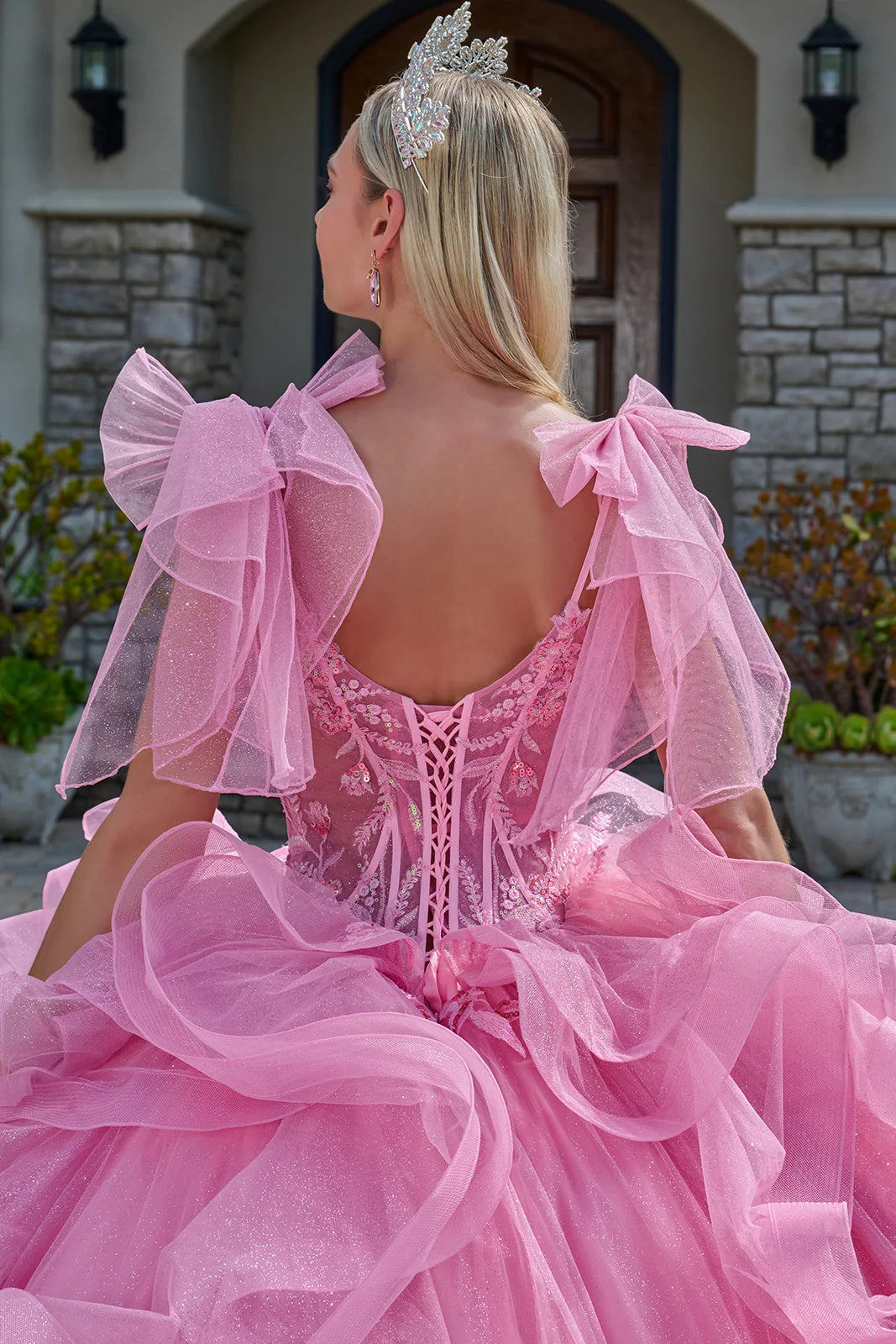 Attached Bow Spaghetti Straps Embellished Cascading Ruffle Train Gown